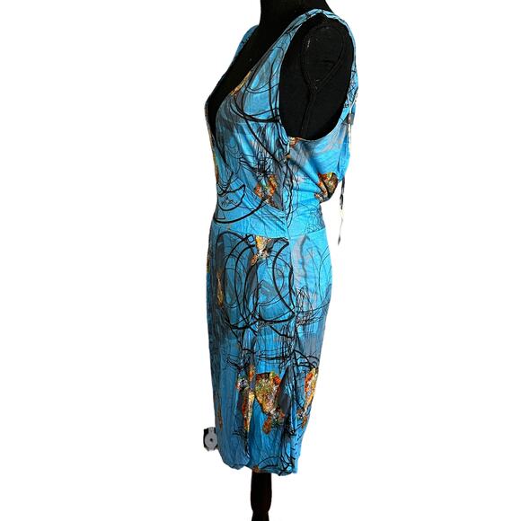 Pam & Arch London Blue Rabbit Blouson Jersey Dress LARGE Deep V Whimsical NEW - Picture 3 of 8